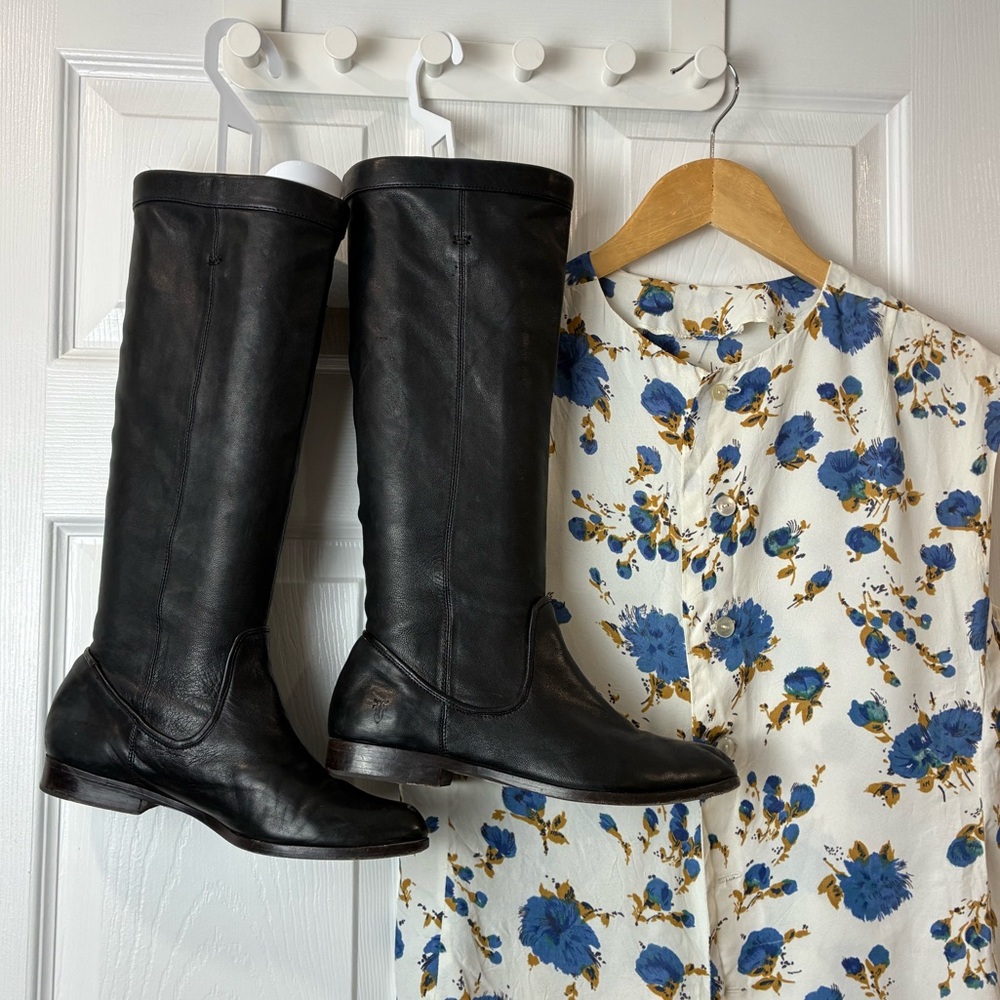 [6.5] Frye Cindy Slouch Black Leather Tall Boots 6.5 Slouch Riding